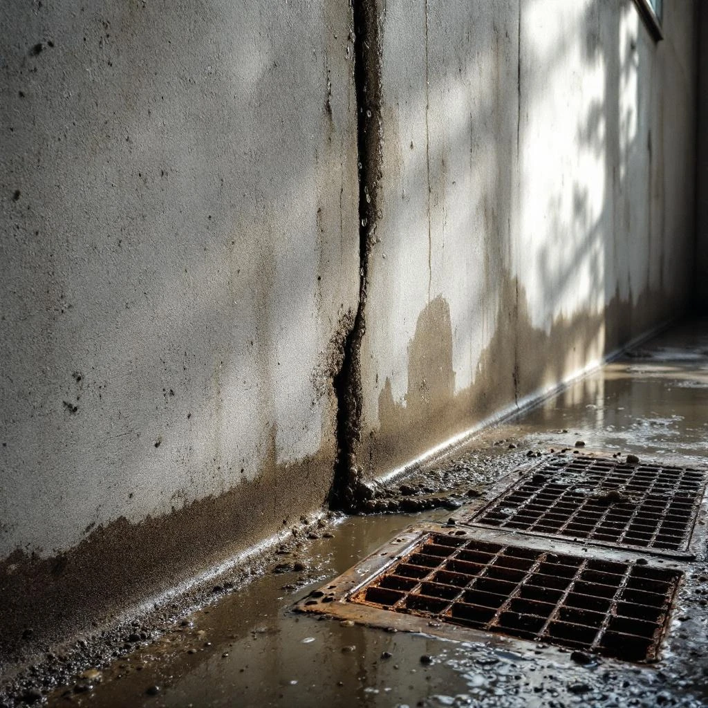 Waterinfiltratie door scheur in Belgische keldermuur - plas op vloer bij afvoer
